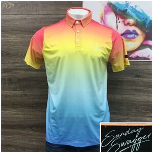NEW Sunday Swagger Mens Ombre Gradient Golf Polo Shirt Orange Yellow Blue Size L